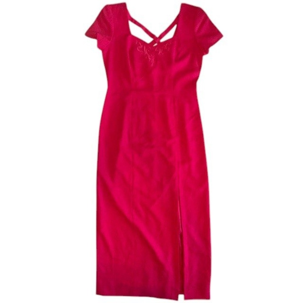 Women's Vintage Liz Claiborne Dress Pink Embroidered w/Slit X-Back Detail Size 8